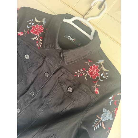 Earl Jeans Jackets & Blazers - Earl Jean Black Denim Trucker Jacket Floral Embroidered Womens Large L Boho
